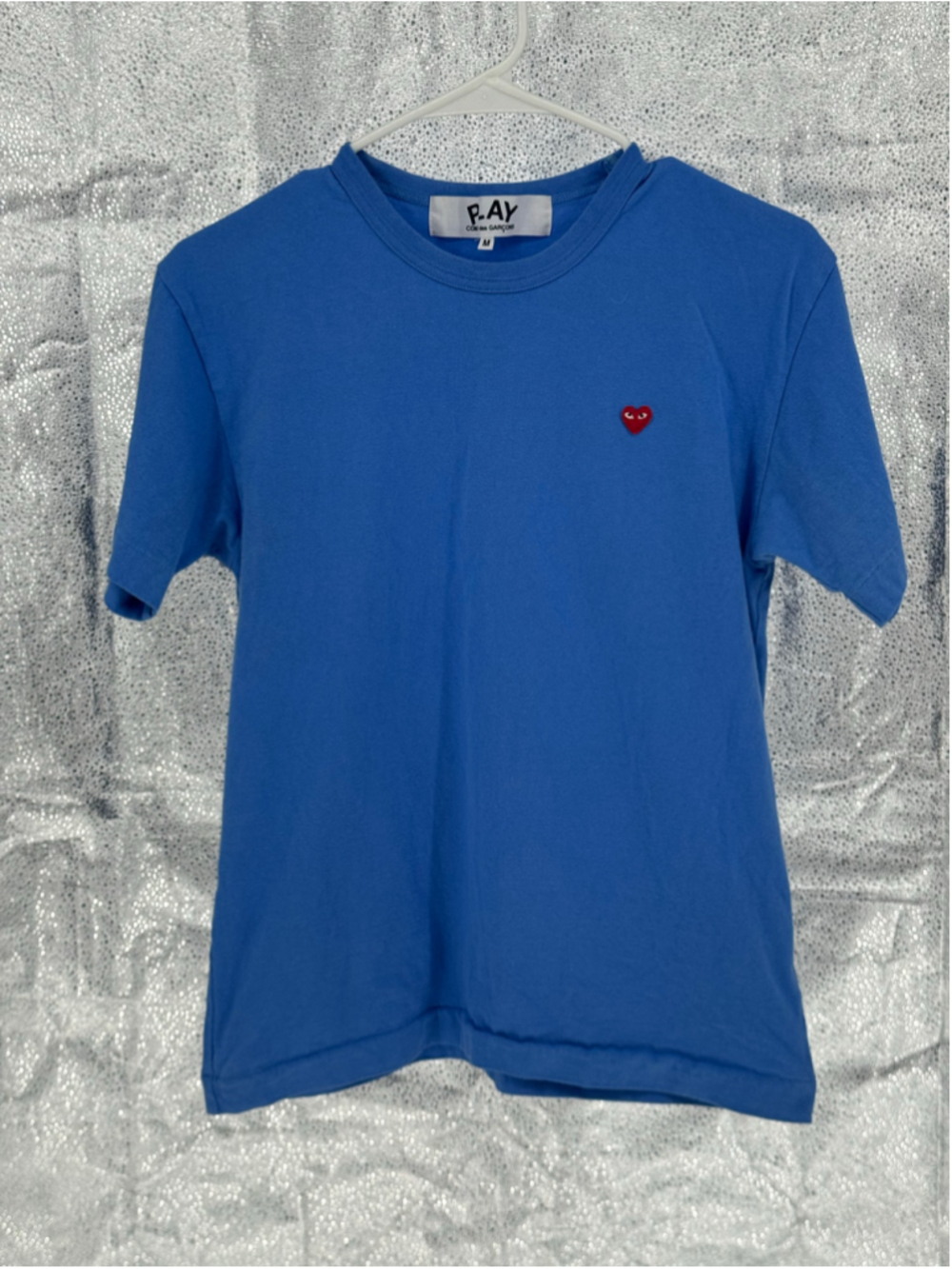 Men's Comme des Garçons PLAY Short Sleeve Tee, Size M, Blue and Red